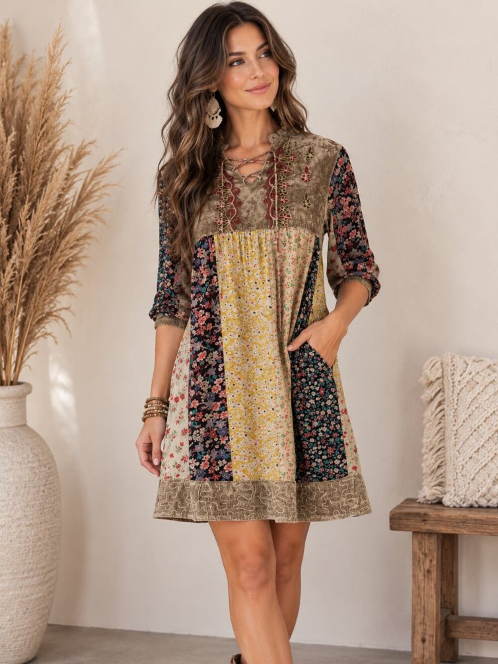 405. Women's Boho Olive Stonewashed Dress